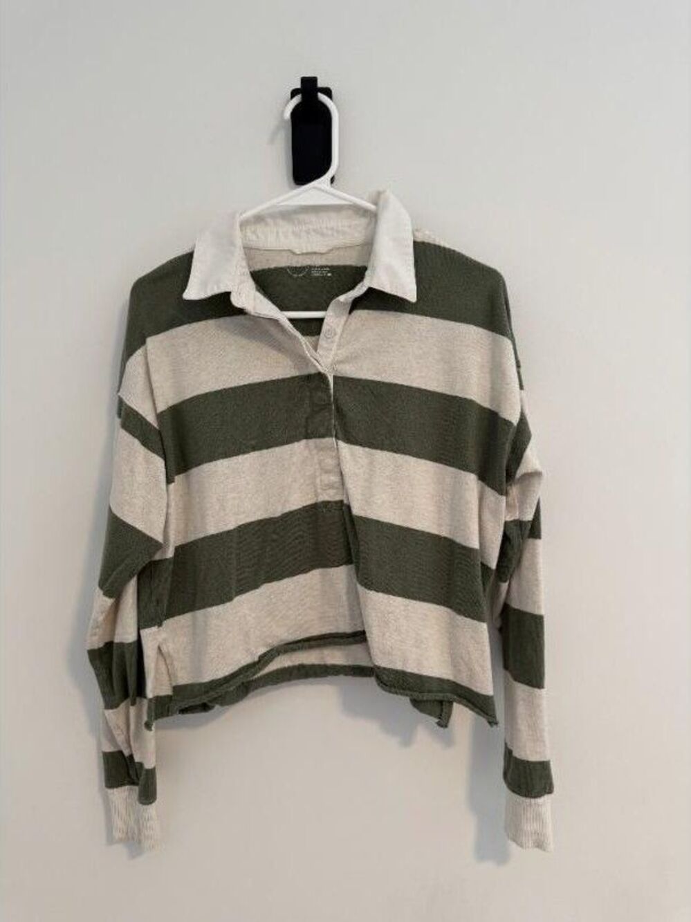 American Eagle Green Cream Striped Rugby Crop Polo Pullover Women's XS